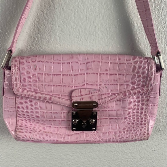 Antonio Melanie Pink Leather Snake Embossed Shouter Bag Brushed Silver Hardware - Picture 2 of 6